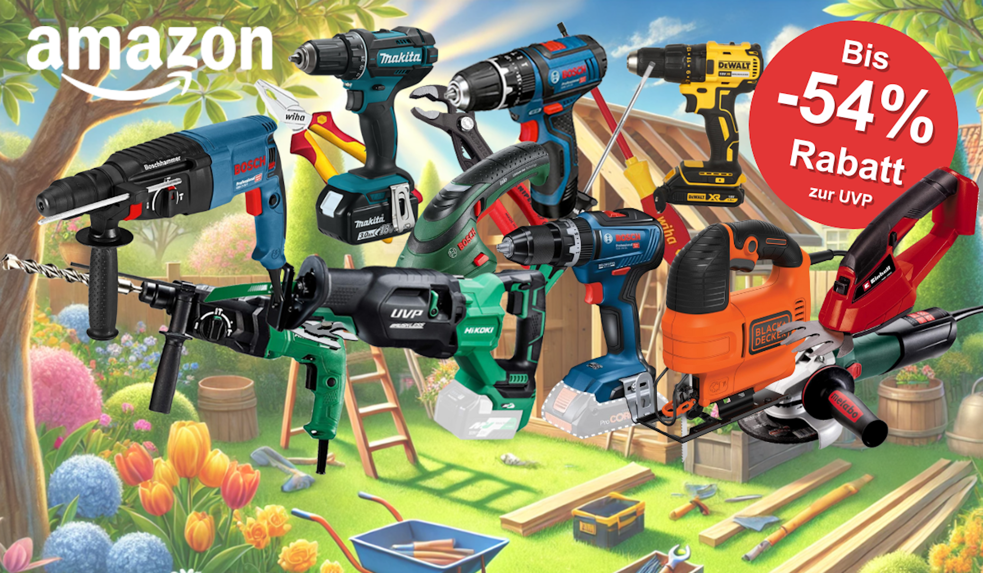 Garten mit einem im Bau befindlichen Gartenhäuschen im bunten gemalten Stil. Davor mehrere Werkzeuge und Gartengeräte verschiedener Marken wie Bosch Professional, Einhell, Black + Decker, Hikoki, Makita, Metabo, DeWalt, Wiha. Mit dabei Schlagbohrmaschinen, Stichsägen, Akkuschrauber, Kombizangen, Winkelschleifer, Astschere, Schraubendreher.