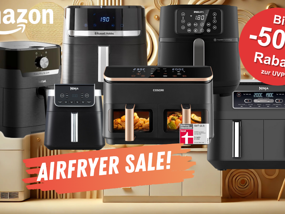 Auf dem Bild sind viele Airfryer diverser Marken abgebildet.