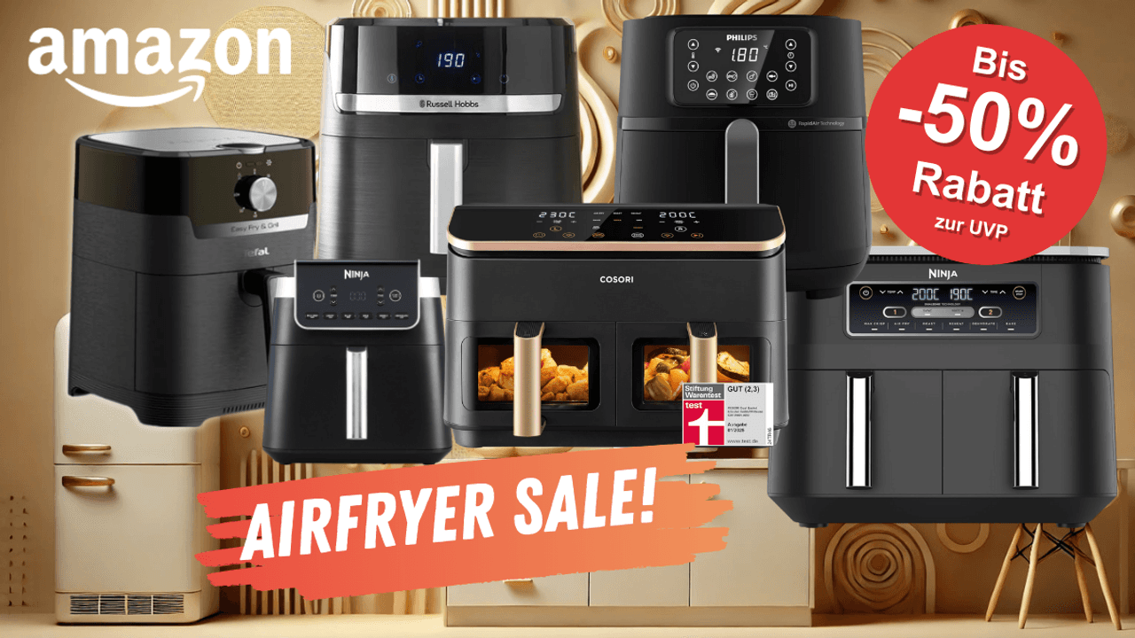 Auf dem Bild sind viele Airfryer diverser Marken abgebildet.