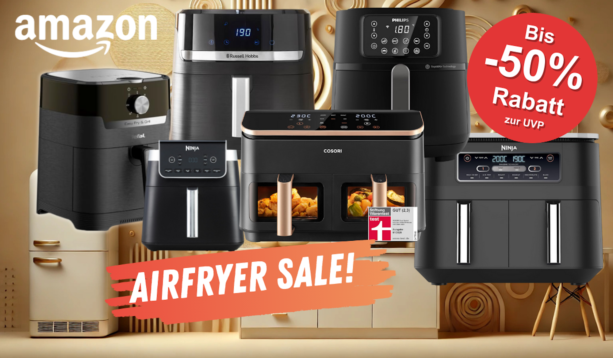 Auf dem Bild sind viele Airfryer diverser Marken abgebildet.