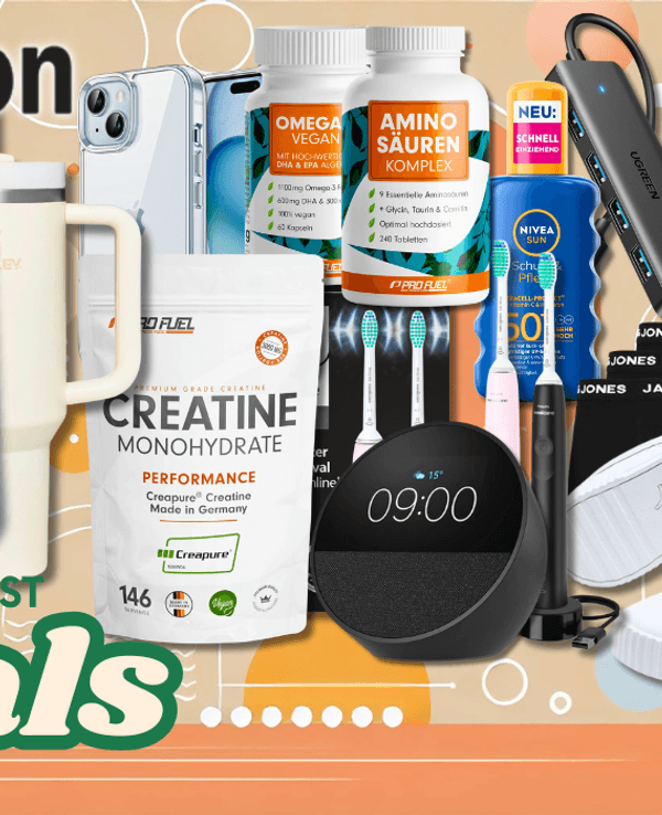 Eine bunte Collage der Amazon September als 2025 mit einer Auswahl stark rabattierter Produkte aus verschiedenen Kategorien – darunter Technik, Haushalt, Mode, Pflege und Fitness.