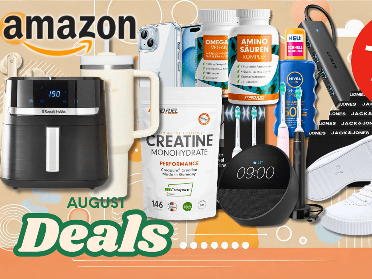 Eine bunte Collage der Amazon September als 2025 mit einer Auswahl stark rabattierter Produkte aus verschiedenen Kategorien – darunter Technik, Haushalt, Mode, Pflege und Fitness.
