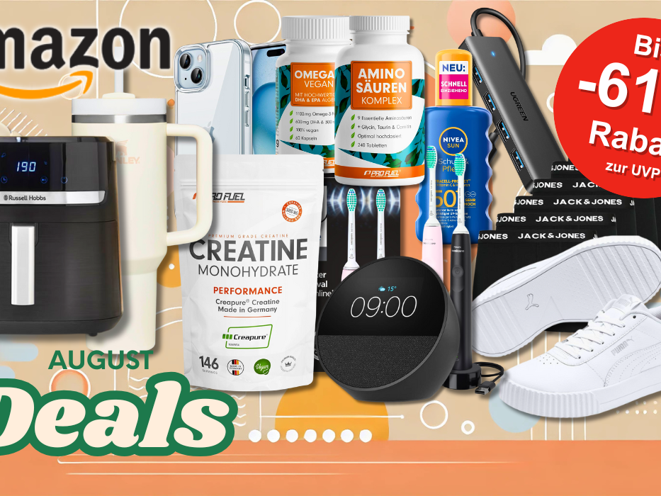 Eine bunte Collage der Amazon September als 2025 mit einer Auswahl stark rabattierter Produkte aus verschiedenen Kategorien – darunter Technik, Haushalt, Mode, Pflege und Fitness.