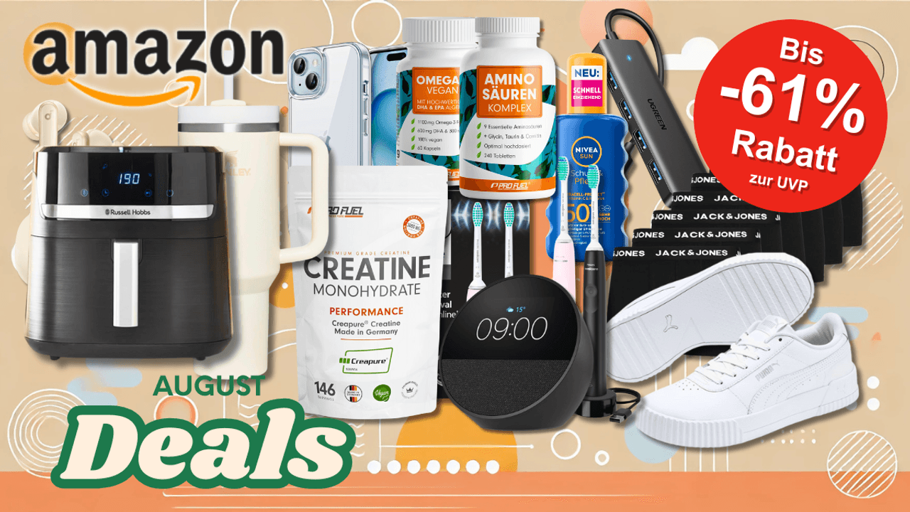 Eine bunte Collage der Amazon September als 2025 mit einer Auswahl stark rabattierter Produkte aus verschiedenen Kategorien – darunter Technik, Haushalt, Mode, Pflege und Fitness.