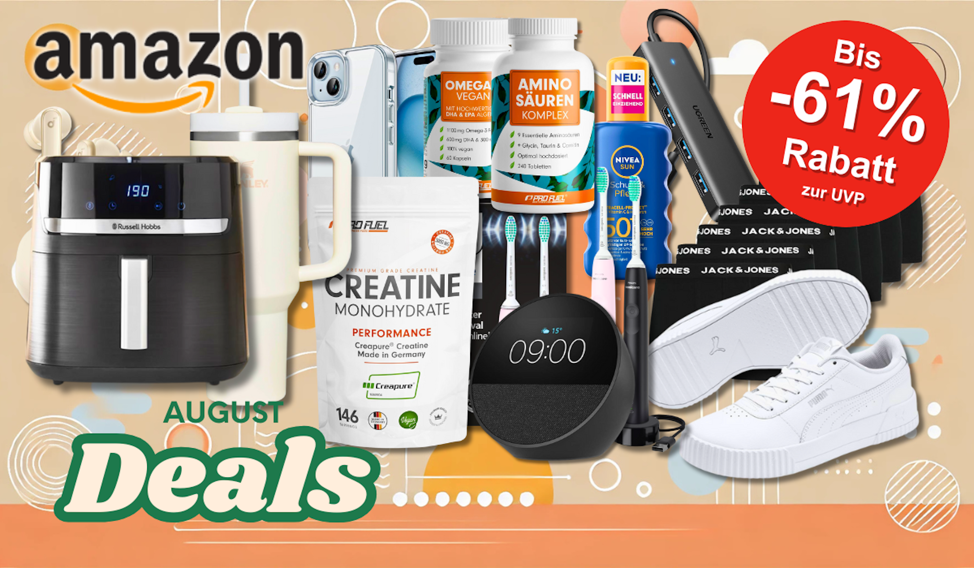 Eine bunte Collage der Amazon August Deals 2025 mit einer Auswahl stark rabattierter Produkte aus verschiedenen Kategorien – darunter Technik, Haushalt, Mode, Pflege und Fitness.