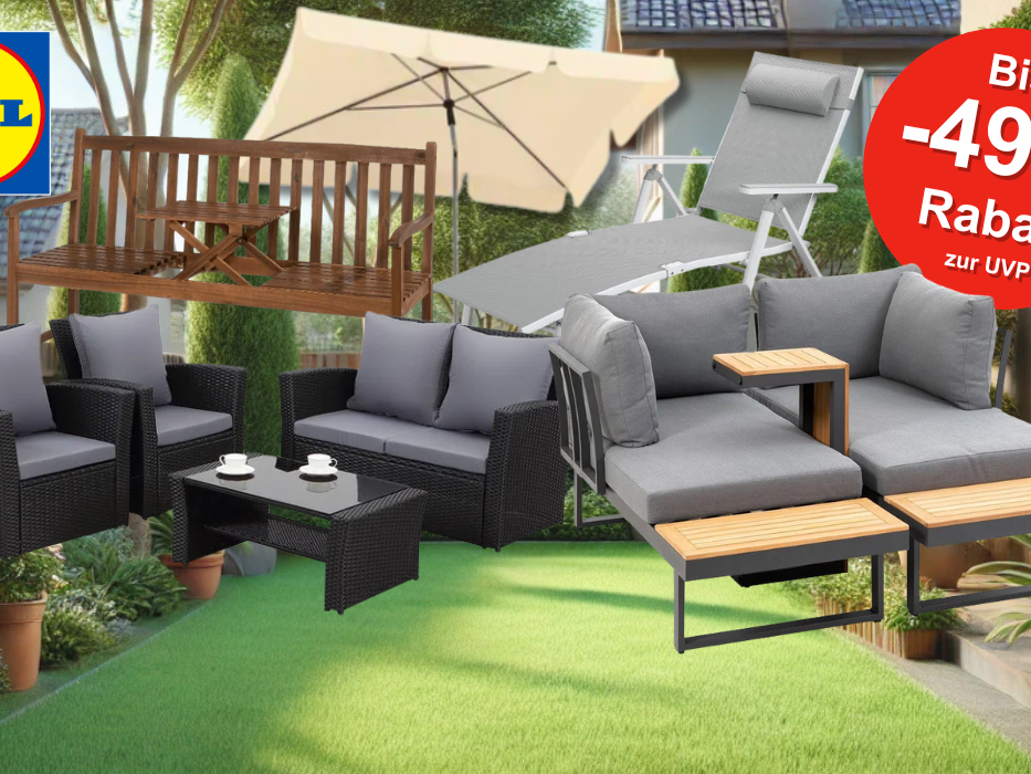 Eine sonnige Gartenszene mit verschiedenen stilvollen Gartenmöbeln aus dem Lidl Onlineshop, darunter Loungesets, eine Gartenliege, ein Sonnenschirm und eine Hollywoodschaukel.