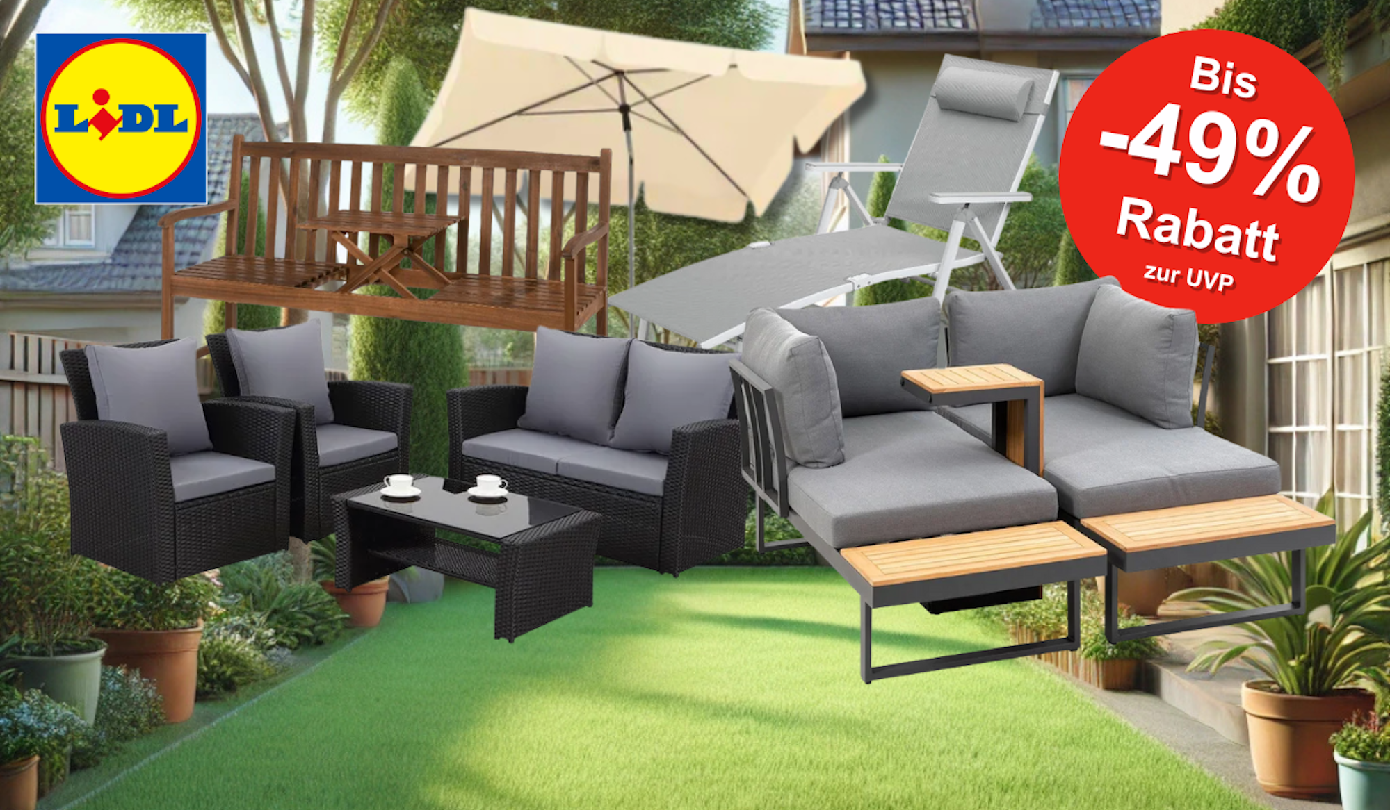 Eine sonnige Gartenszene mit verschiedenen stilvollen Gartenmöbeln aus dem Lidl Onlineshop, darunter Loungesets, eine Gartenliege, ein Sonnenschirm und eine Hollywoodschaukel.