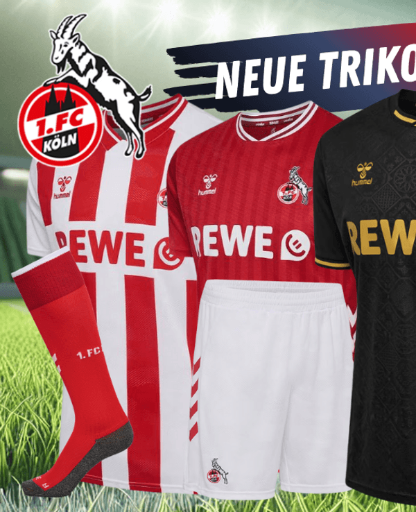 Die neuen 1. FC Köln Trikots für die Saison 2025/26: Heimtrikot, Auswärtstrikot, Torwarttrikot für Senior und Junior sowie das Frauen Trikot vor einem Fußballstadion im Hintergrund und 1. FC Köln Logo.