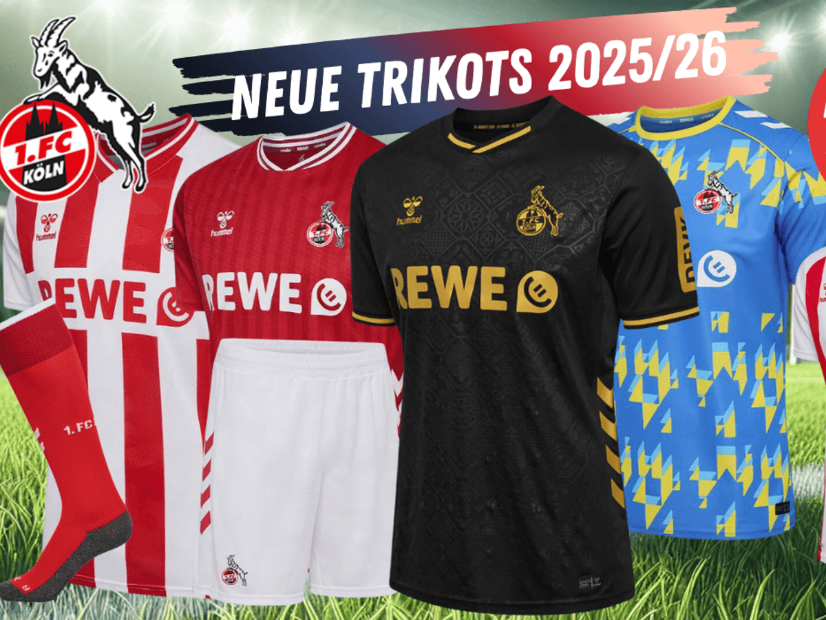 Die neuen 1. FC Köln Trikots für die Saison 2025/26: Heimtrikot, Auswärtstrikot, Torwarttrikot für Senior und Junior sowie das Frauen Trikot vor einem Fußballstadion im Hintergrund und 1. FC Köln Logo.