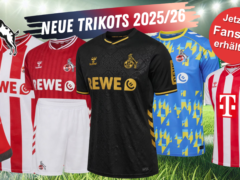 Die neuen 1. FC Köln Trikots für die Saison 2025/26: Heimtrikot, Auswärtstrikot, Torwarttrikot für Senior und Junior sowie das Frauen Trikot vor einem Fußballstadion im Hintergrund und 1. FC Köln Logo.