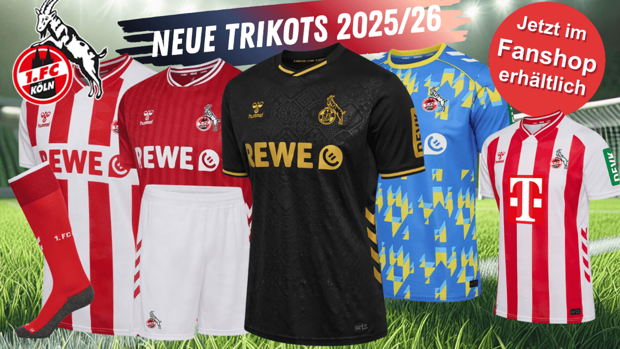Die neuen 1. FC Köln Trikots für die Saison 2025/26: Heimtrikot, Auswärtstrikot, Torwarttrikot für Senior und Junior sowie das Frauen Trikot vor einem Fußballstadion im Hintergrund und 1. FC Köln Logo.