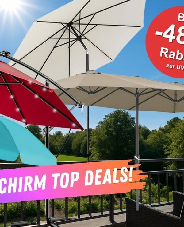 Sonnenschirme in verschiedenen Modellen wie Mittelstockschirm, Strandschirm, Ampelschirm vor einem blauen Himmel und einem grünen Garten vor einem Balkon.
