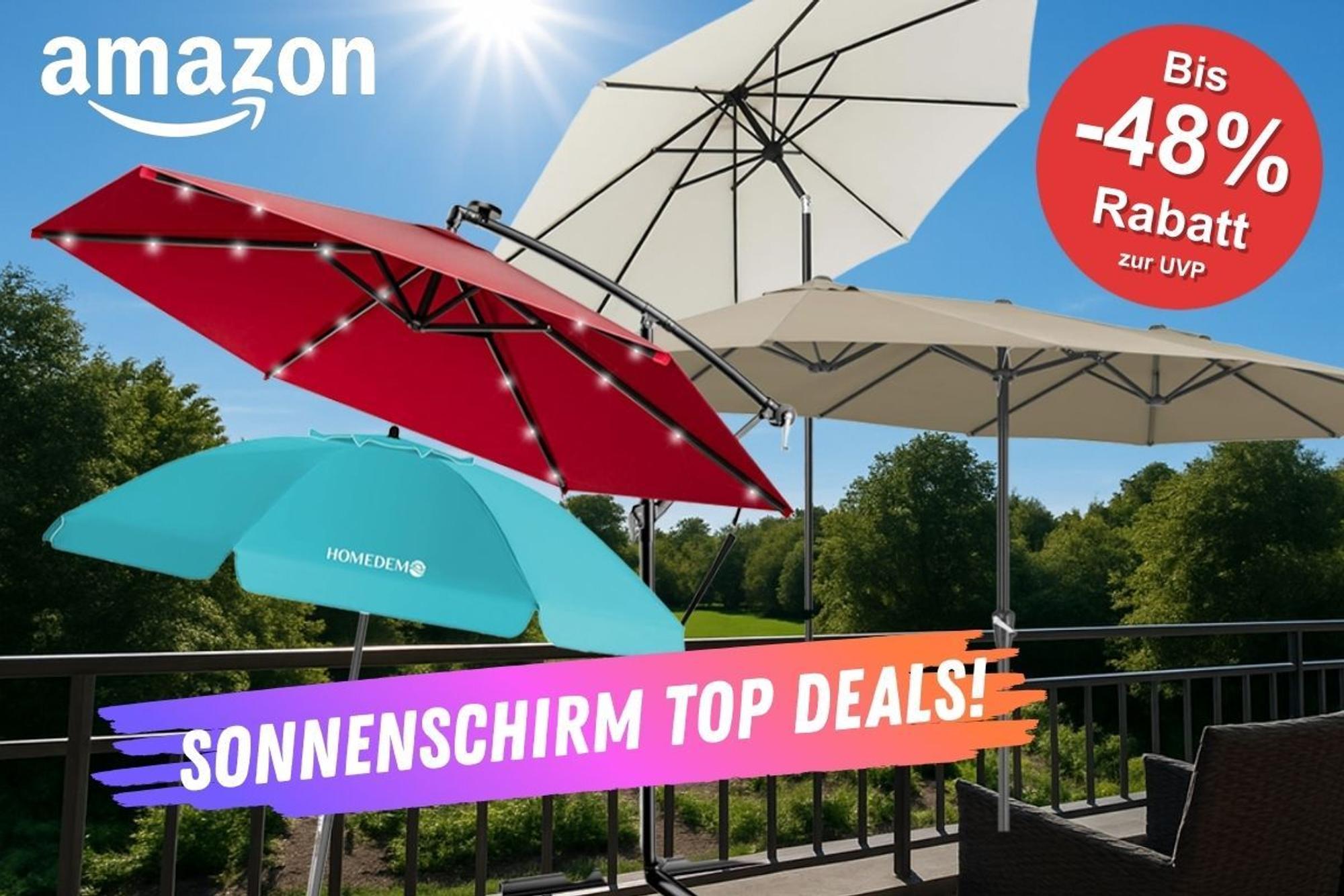 Sonnenschirme in verschiedenen Modellen wie Mittelstockschirm, Strandschirm, Ampelschirm vor einem blauen Himmel und einem grünen Garten vor einem Balkon.