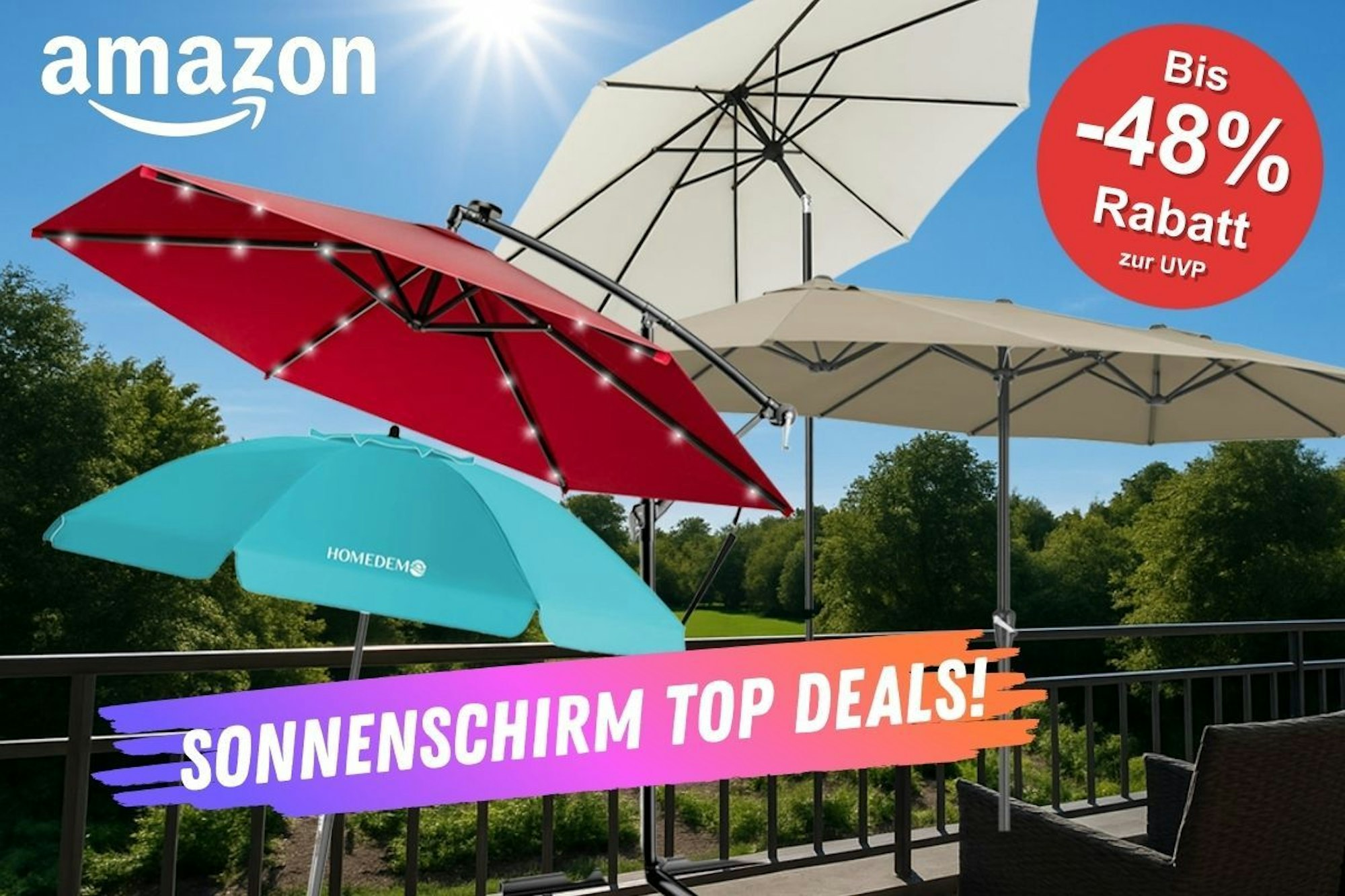 Sonnenschirme in verschiedenen Modellen wie Mittelstockschirm, Strandschirm, Ampelschirm vor einem blauen Himmel und einem grünen Garten vor einem Balkon.