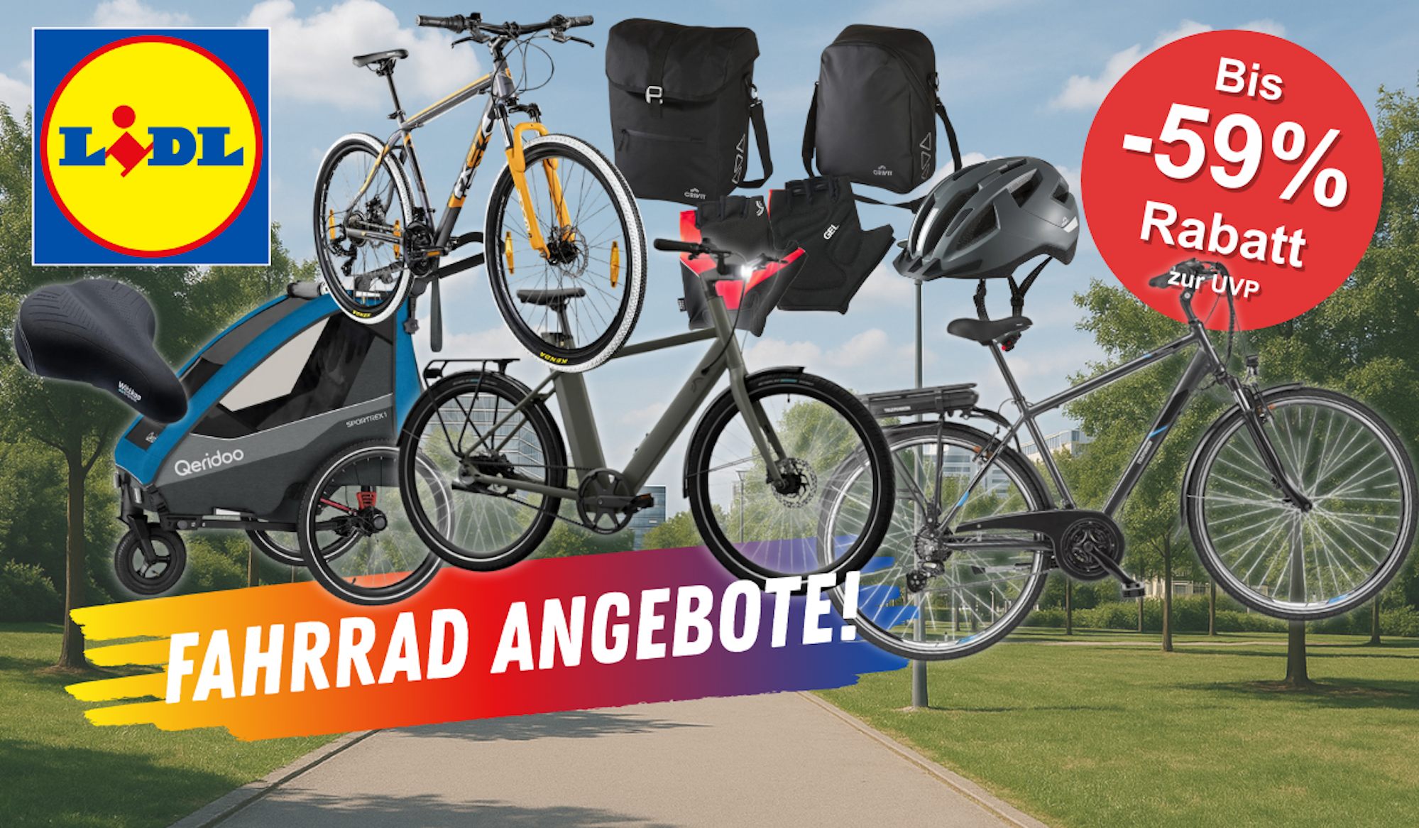 E-Bikes, City- und Trekkingräder sowie Fahrradzubehör wie Anhänger, Fahrradhelm im Lidl Onlineshop.