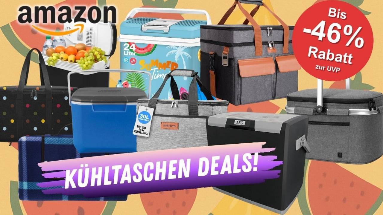 Verschiedene Kühlboxen und Kühltaschen vor einem Hintergrund mit Obst im Comic Stil.