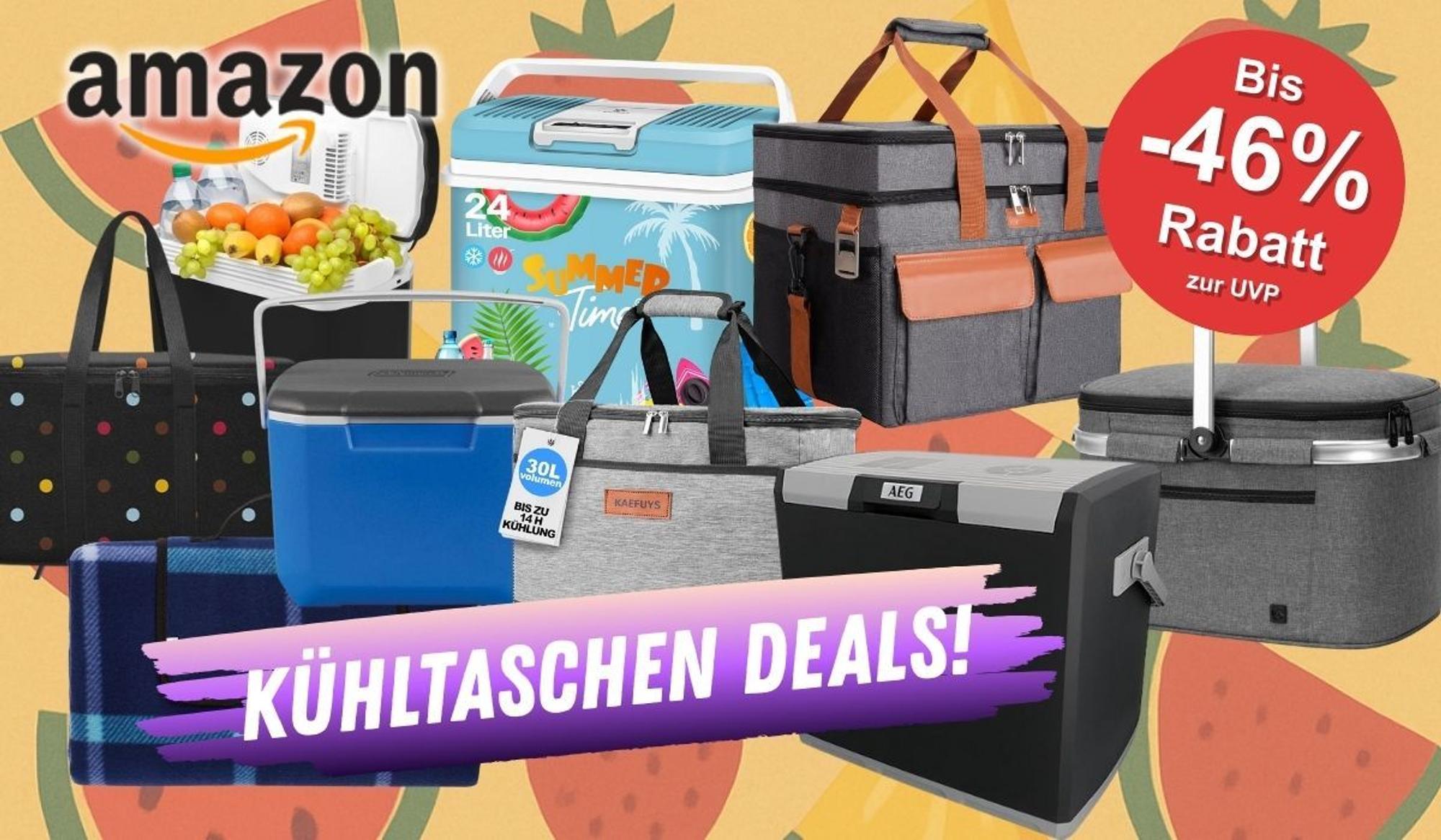 Verschiedene Kühlboxen und Kühltaschen vor einem Hintergrund mit Obst im Comic Stil.