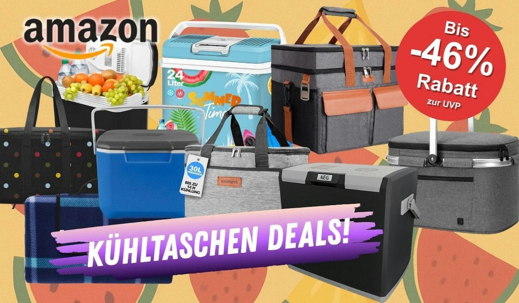 Verschiedene Kühlboxen und Kühltaschen vor einem Hintergrund mit Obst im Comic Stil.