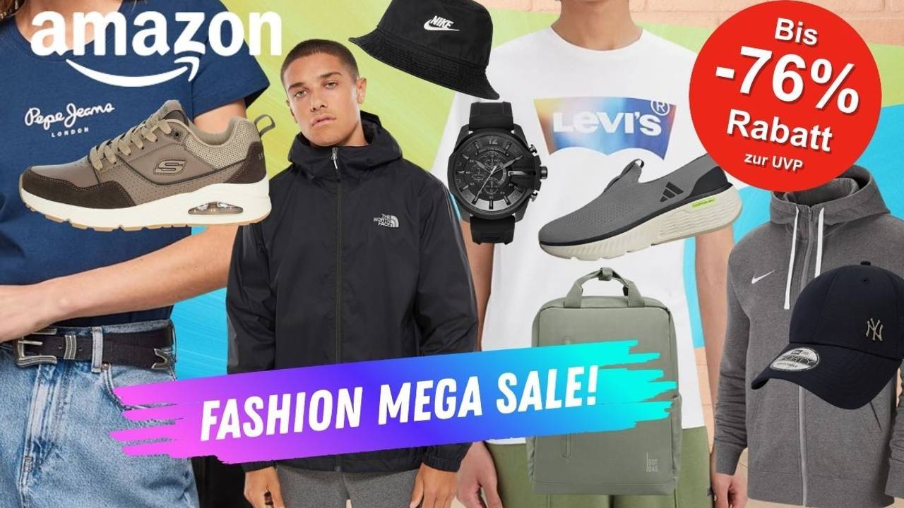 Kleidungsstücke von verschiedenen Mode Marken mit mehreren Models. Kleidung und Sneaker von Nike, The North Face, Levi's, Pepe Jeans, Skechers.