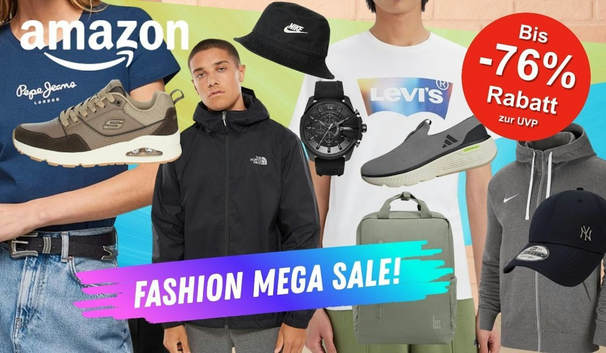 Kleidungsstücke von verschiedenen Mode Marken mit mehreren Models. Kleidung und Sneaker von Nike, The North Face, Levi's, Pepe Jeans, Skechers.