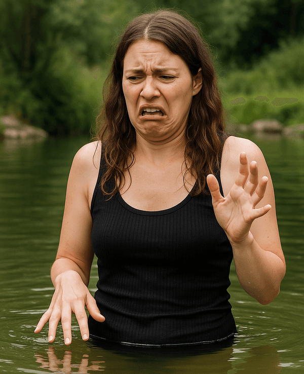 So stellt sich die Künstliche Intelligenz eine Person vor, die sich in einem Naturbad ekelt.