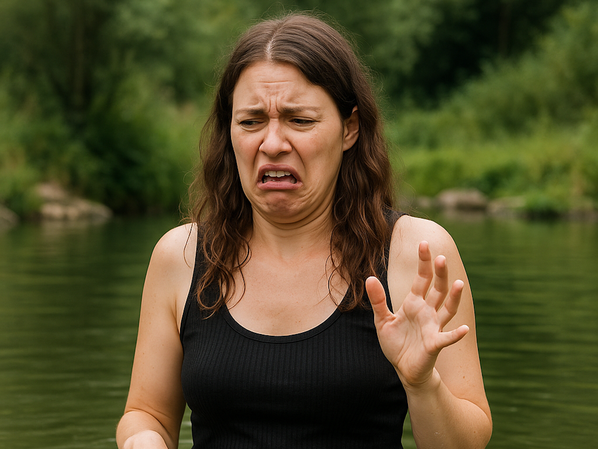 So stellt sich die Künstliche Intelligenz eine Person vor, die sich in einem Naturbad ekelt.