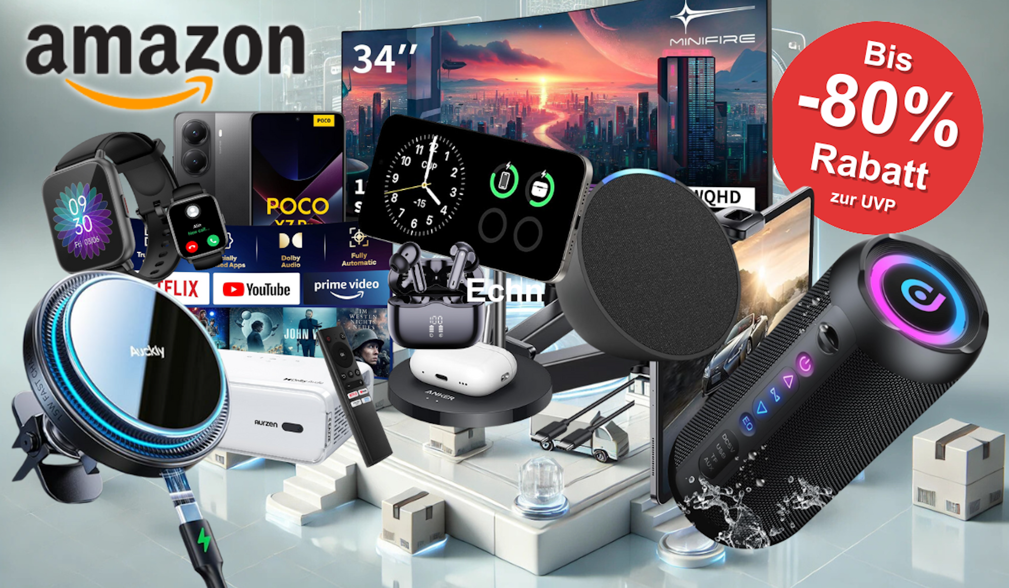 Auf dem Bild sind unterschiedliche Produkte aus der Kategorie Technik bei Amazon zu sehen.