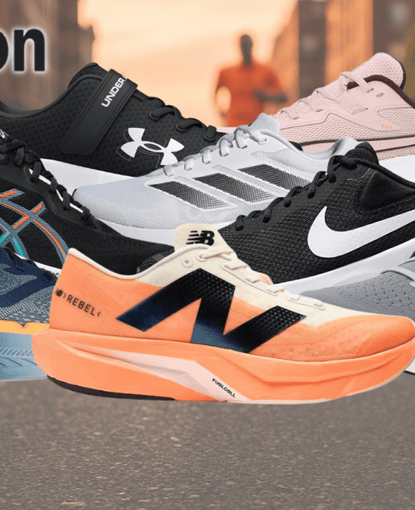 Darstellung verschiedener Laufschuhe von Marken wie New Balance, ASICS, Nike, Skechers, On und mehr vor einem Hintergrund.