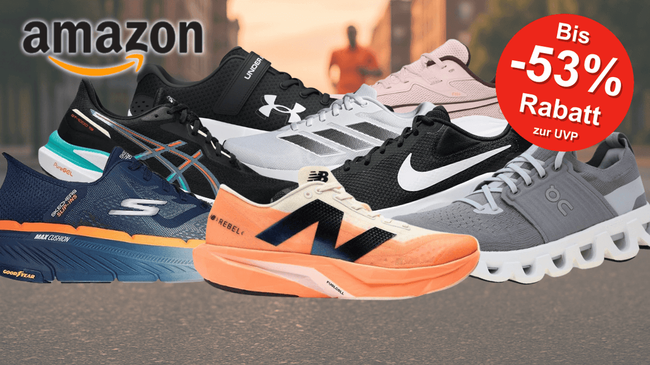 Darstellung verschiedener Laufschuhe von Marken wie New Balance, ASICS, Nike, Skechers, On und mehr vor einem Hintergrund.