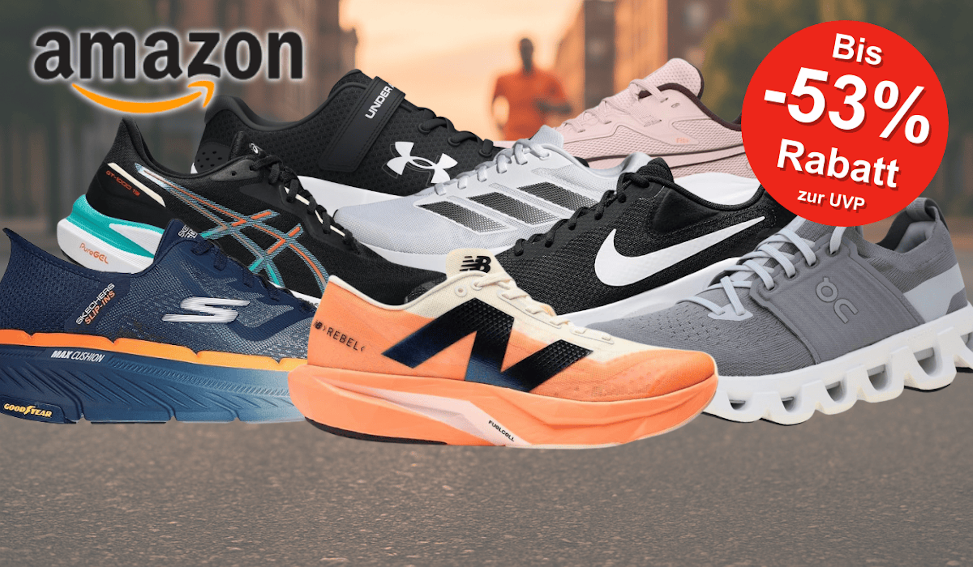 Darstellung verschiedener Laufschuhe von Marken wie New Balance, ASICS, Nike, Skechers, On und mehr vor einem Hintergrund.