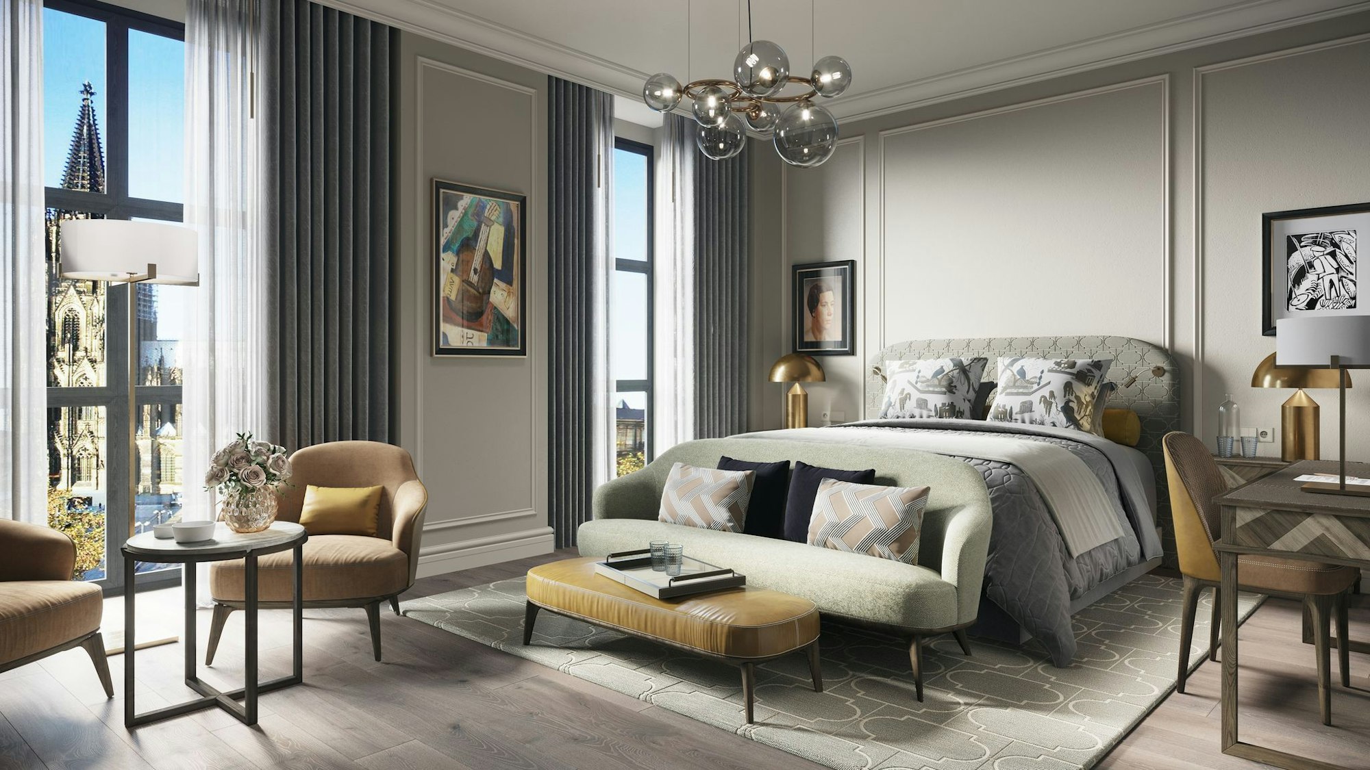 Die Visualisierung zeigt einen Blick in ein Zimmer des Dom-Hotels.