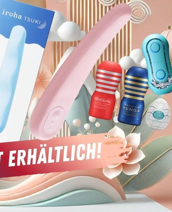 Die Vibratoren iroha Tsuki in den Modellen Mikazuki und Minamo von Tenga in verschiedenen Pastellfarben vor einem bunten, asiatisch angehauchten Hintergrund.