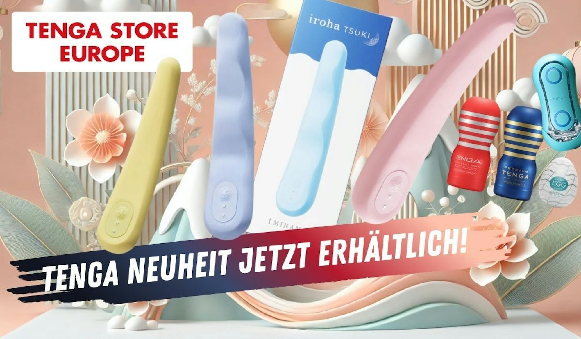 Die Vibratoren iroha Tsuki in den Modellen Mikazuki und Minamo von Tenga in verschiedenen Pastellfarben vor einem bunten, asiatisch angehauchten Hintergrund.