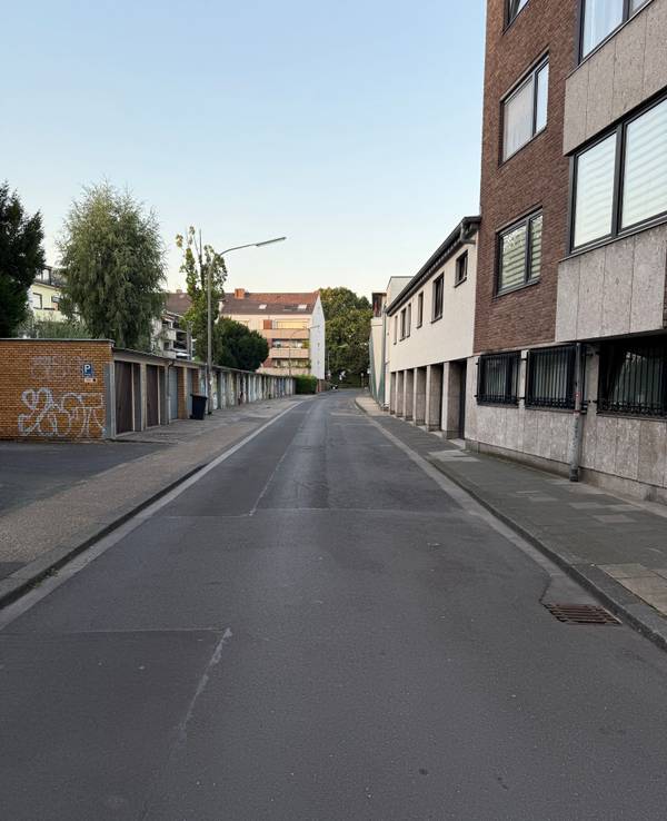 An einer Straße befinden sich Häuser und gegenüber mehrere Garagen. Kein Auto parkt hier.