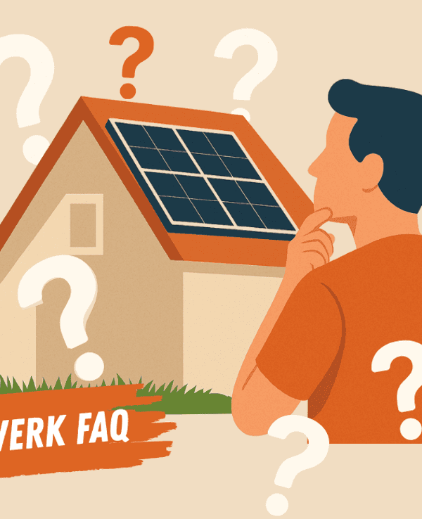 Ein Mann schaut auf ein Haus mit einem Balkonkraftwerk. Um ihn herum sind Fragezeichen abgebildet.