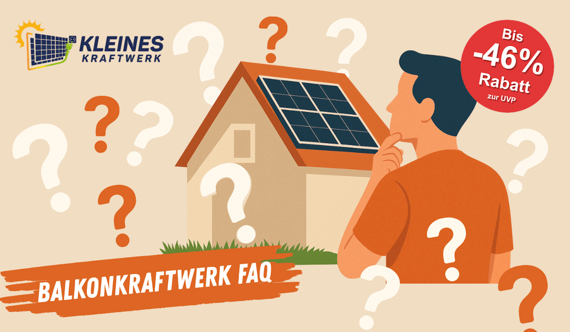 Ein Mann schaut auf ein Haus mit einem Balkonkraftwerk. Um ihn herum sind Fragezeichen abgebildet.