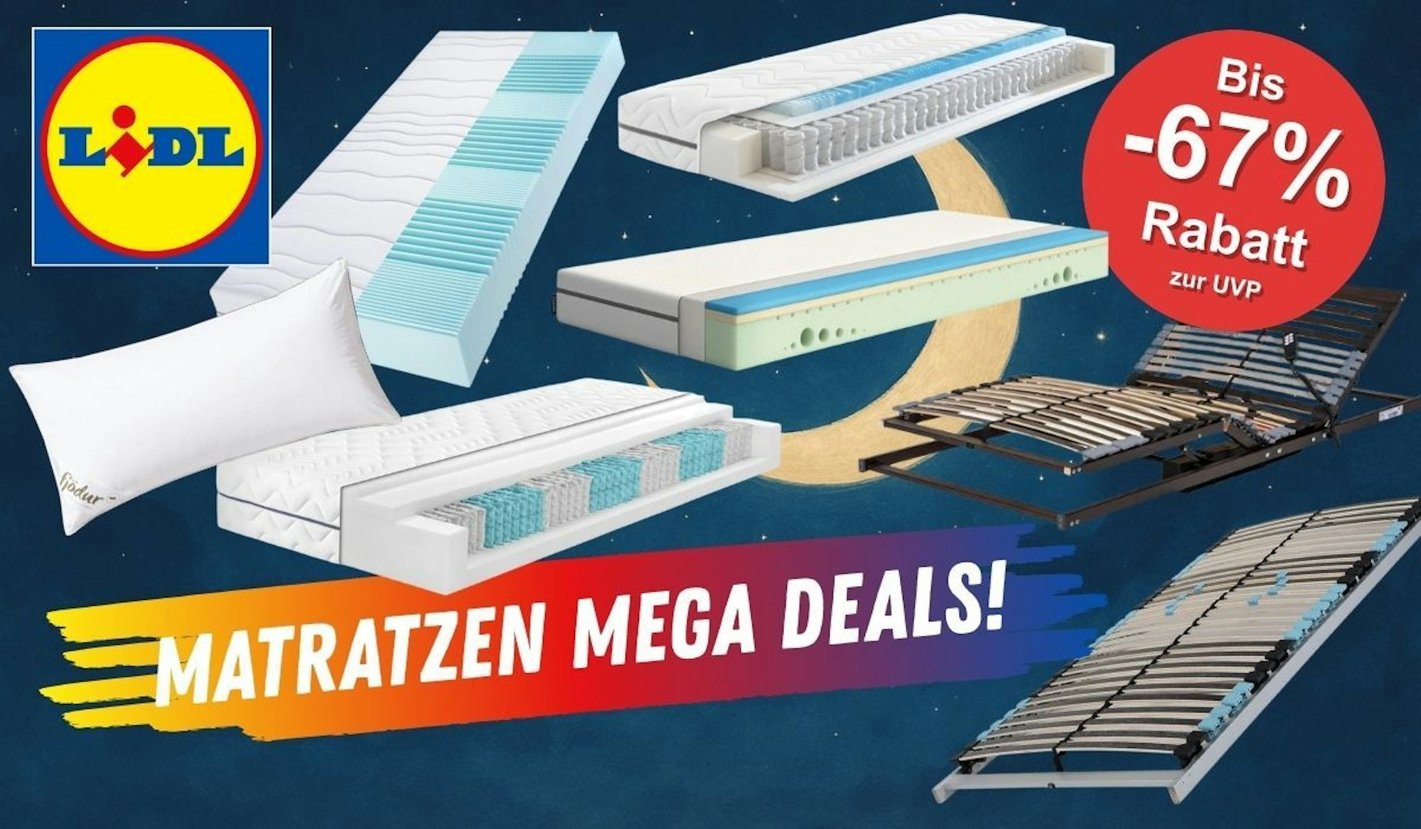 Bei Lidl im Onlineshop stark reduzierte Matratzen, Topper und Lattenroste vor einem dunkleren Hintergrund mit Nachtmotiv, Mond und Sternen.