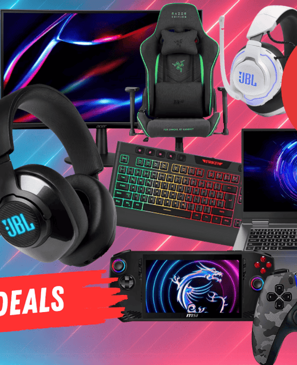 Darstellung verschiedener Gaming Artikel wie Kopfhörer, Tastatur, Bildschirm, Gamingstuhl und mehr vor einem Hintergrund mit Neonbalken.