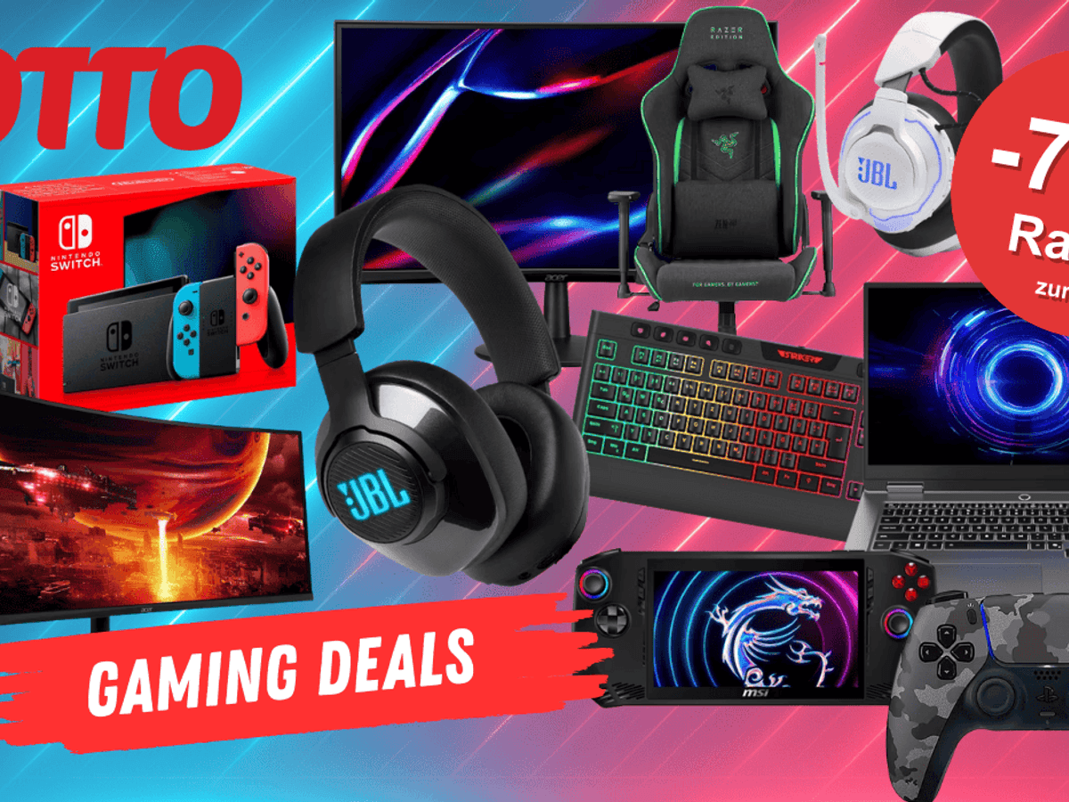 Darstellung verschiedener Gaming Artikel wie Kopfhörer, Tastatur, Bildschirm, Gamingstuhl und mehr vor einem Hintergrund mit Neonbalken.