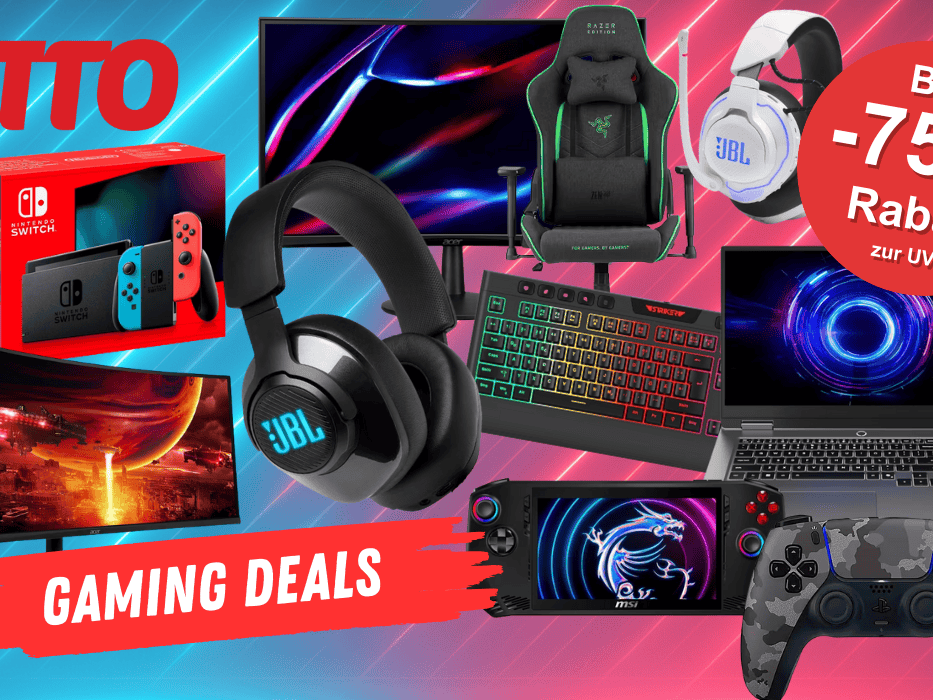 Darstellung verschiedener Gaming Artikel wie Kopfhörer, Tastatur, Bildschirm, Gamingstuhl und mehr vor einem Hintergrund mit Neonbalken.