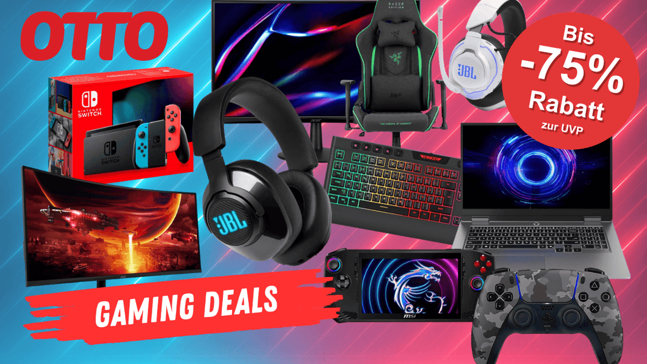 Darstellung verschiedener Gaming Artikel wie Kopfhörer, Tastatur, Bildschirm, Gamingstuhl und mehr vor einem Hintergrund mit Neonbalken.