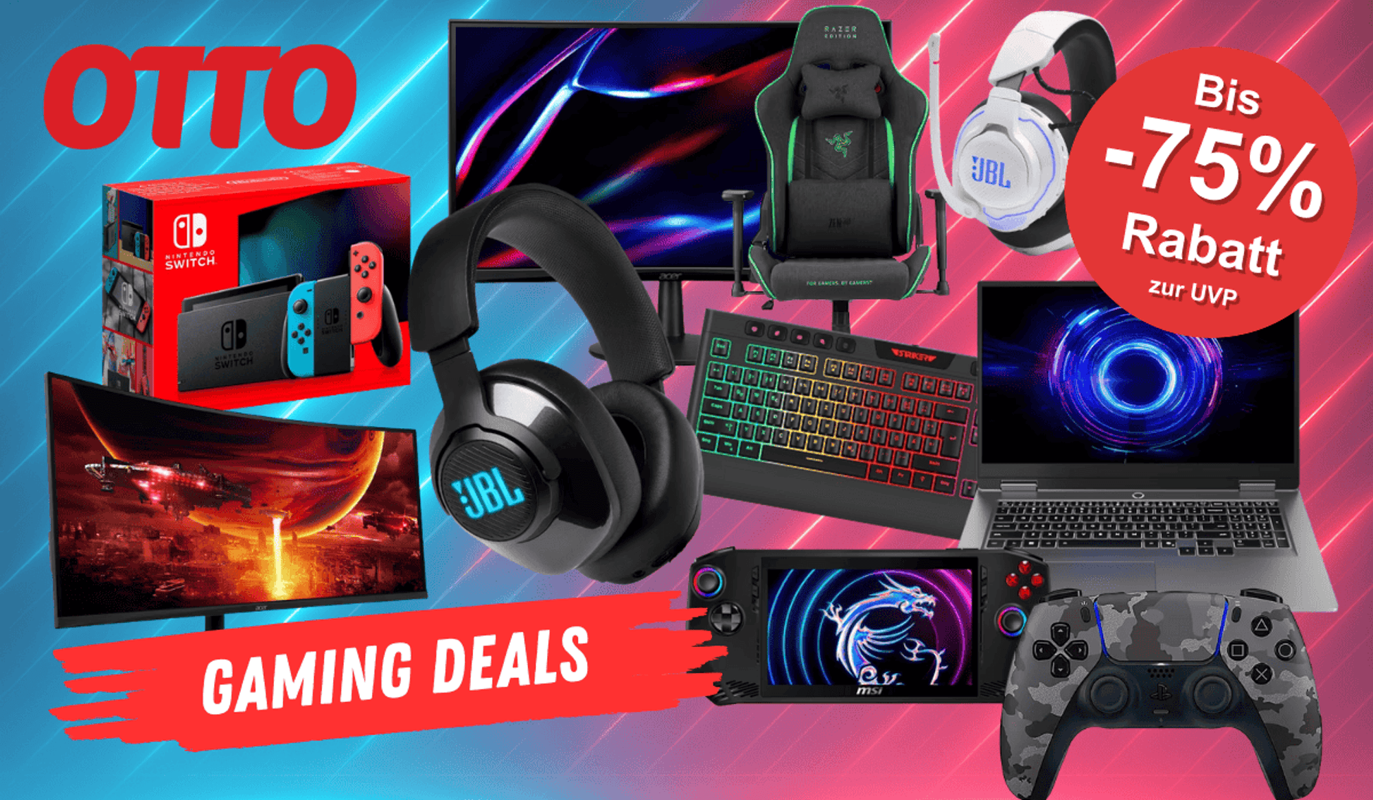 Darstellung verschiedener Gaming Artikel wie Kopfhörer, Tastatur, Bildschirm, Gamingstuhl und mehr vor einem Hintergrund mit Neonbalken.