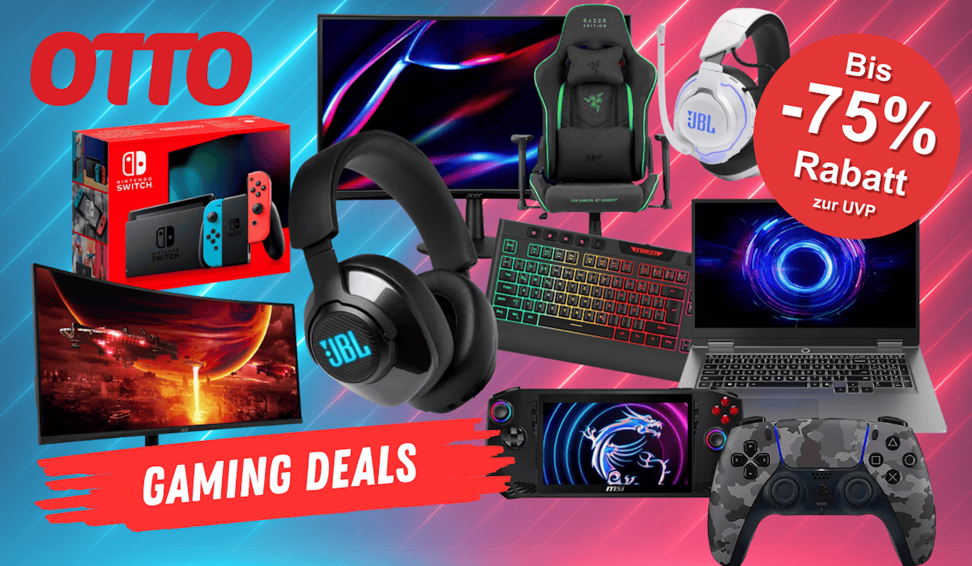 Darstellung verschiedener Gaming Artikel wie Kopfhörer, Tastatur, Bildschirm, Gamingstuhl und mehr vor einem Hintergrund mit Neonbalken.