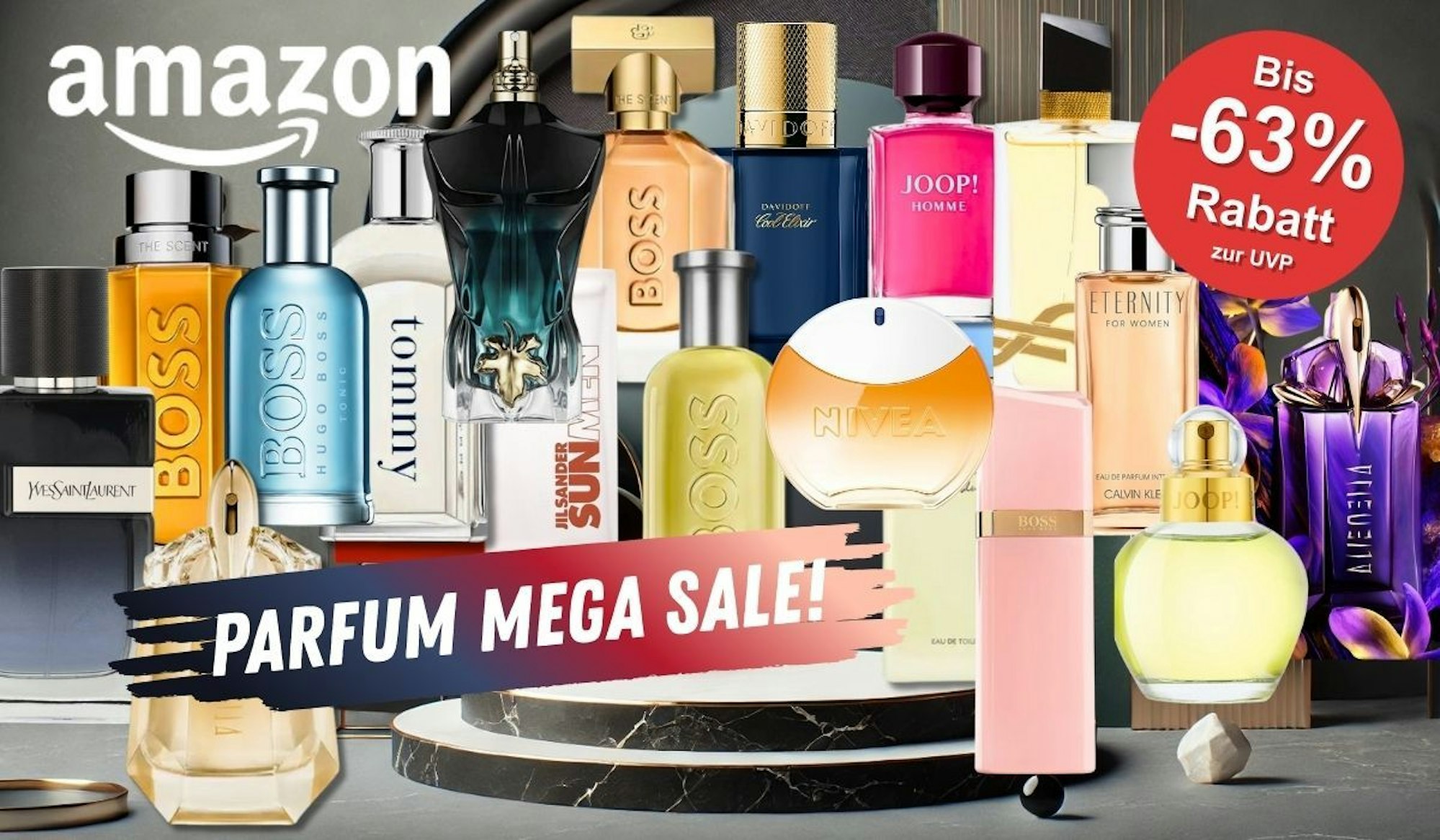Parfum Flakons für Damen und Herren von Marken wie Boss, Calvin Klein, Joop, Mugler, Yves Saint Laurent, Tommy Hilfiger und vielen mehr vor einem luxuriösen Hintergrund mit Marmor und Gold und Silber-Elementen.