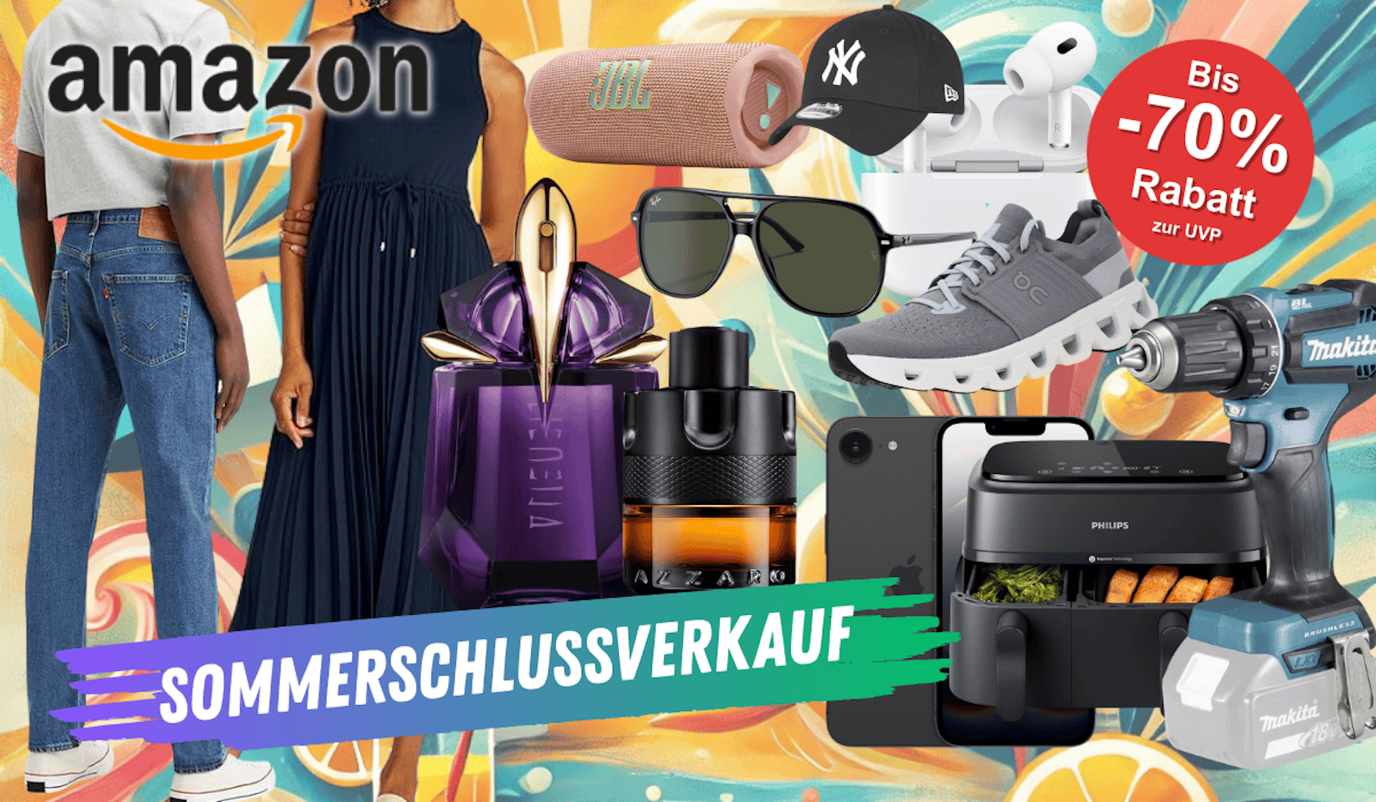 Darstellung verschiedener Artikel wie Levi's Jeans, JBL Box, Parfum, On Sneaker, Iphone und mehr vor einem sommerlichen Hintergrund.