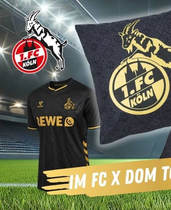 1. FC Köln Bettwäsche „Ausweichtrikot“ und Sondertrikot 2025/26 im FC x DOM Design. Im Hintergrund ein Fußballstadion bei Nacht mit Flutlicht.