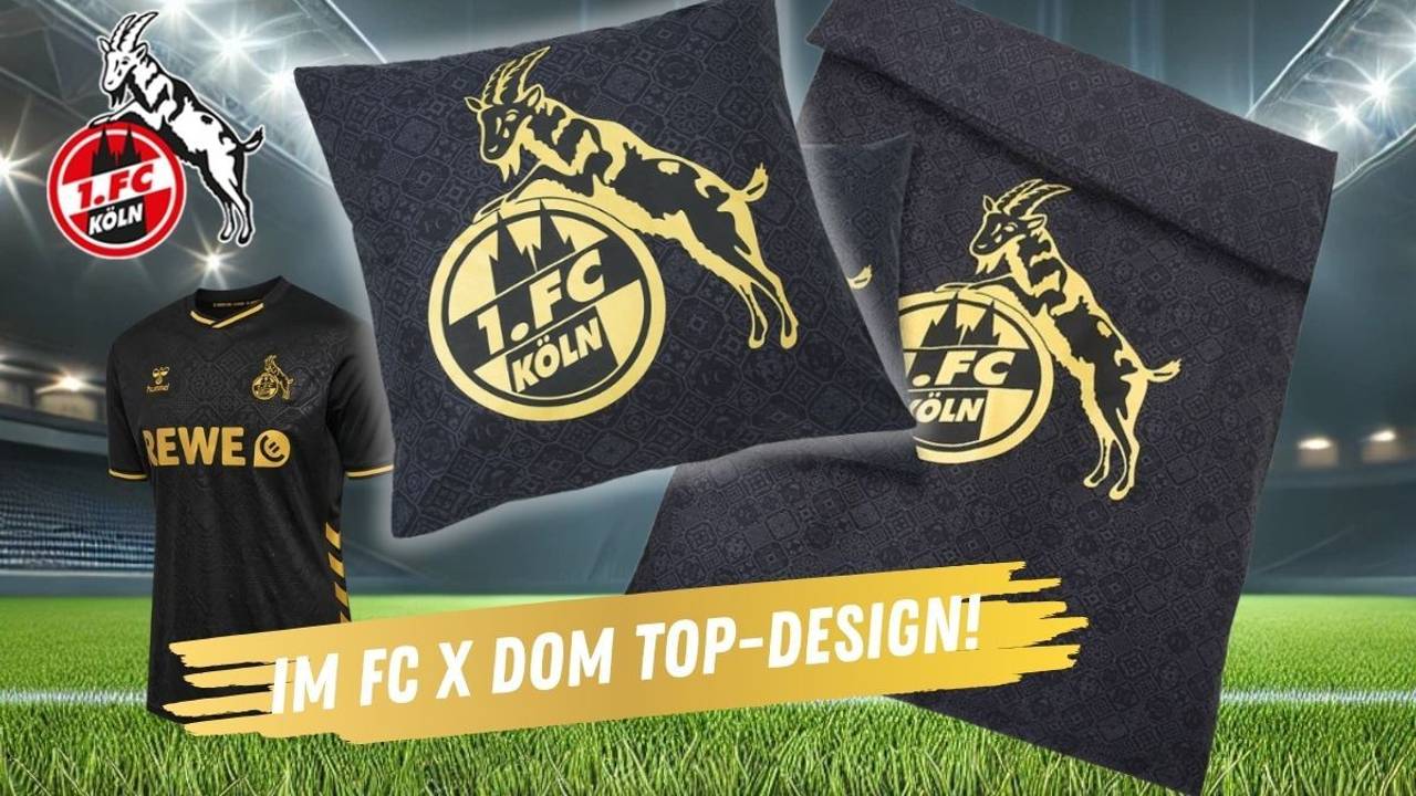 1. FC Köln Bettwäsche „Ausweichtrikot“ und Sondertrikot 2025/26 im FC x DOM Design. Im Hintergrund ein Fußballstadion bei Nacht mit Flutlicht.