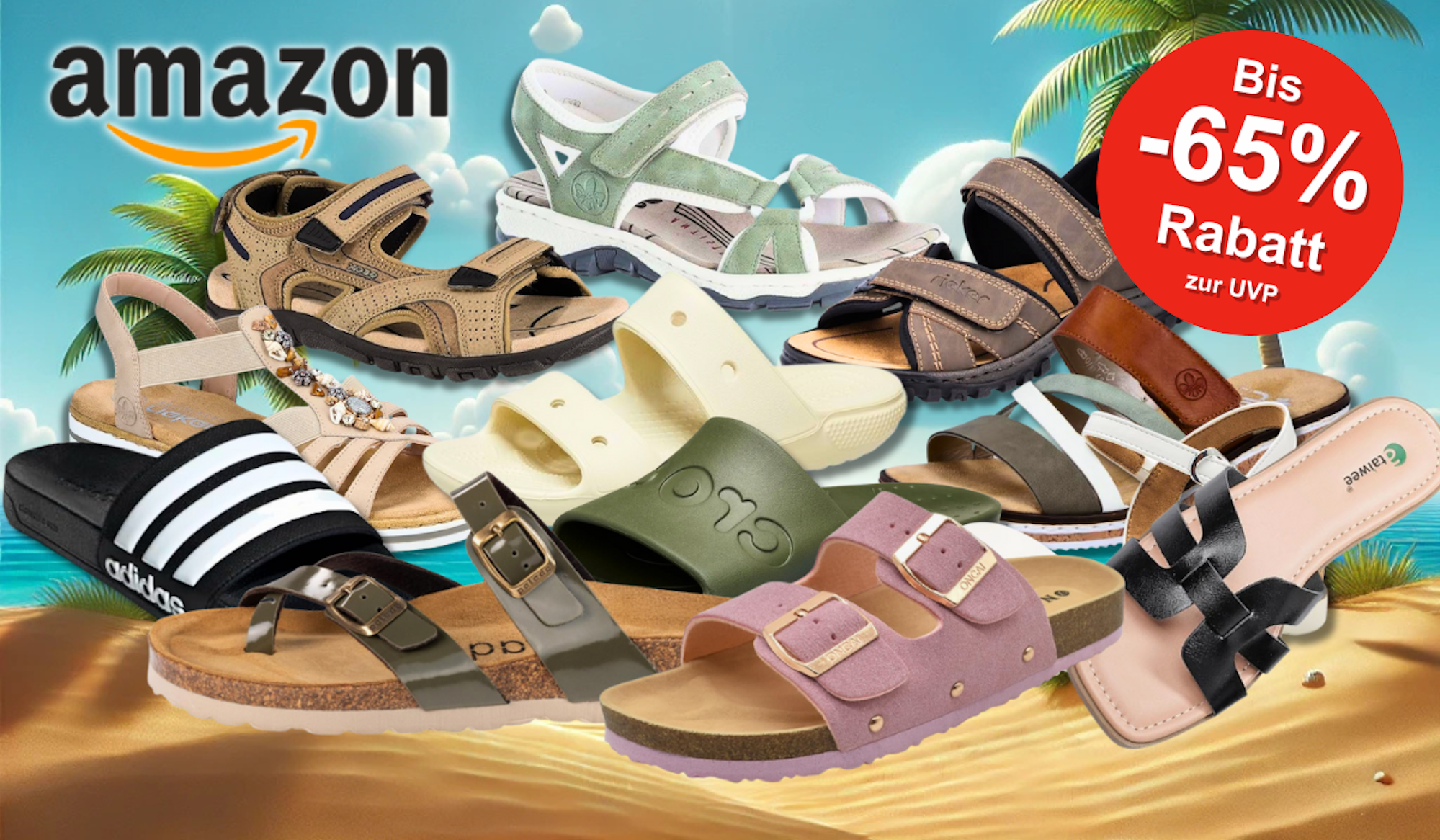 Auf dem Bild sind Sandalen diverser Marken abgebildet.
