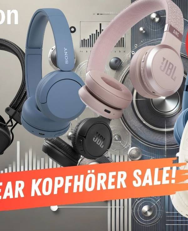 On-Ear-Bluetooth-Kopfhörer von JBL, Marshall, Sony, Soundcore, Beats vor einem Hintergrund mit Audio-Technik, Lautsprecher und Metall.