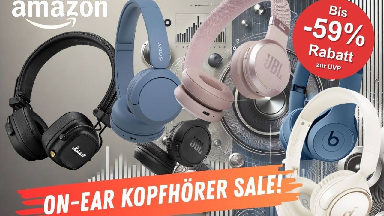 On-Ear-Bluetooth-Kopfhörer von JBL, Marshall, Sony, Soundcore, Beats vor einem Hintergrund mit Audio-Technik, Lautsprecher und Metall.